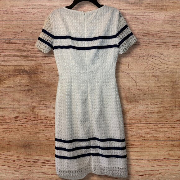 Cremeux White Lace Midi Dress with Navy Stripes - Size 0 - Picture 2 of 4